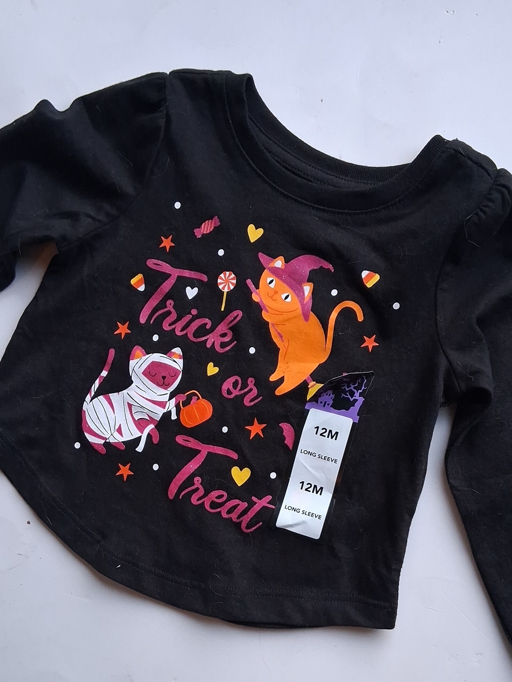 Black Halloween 'Trick or Treat' Cat Graphic Long Sleeve Top - 12M